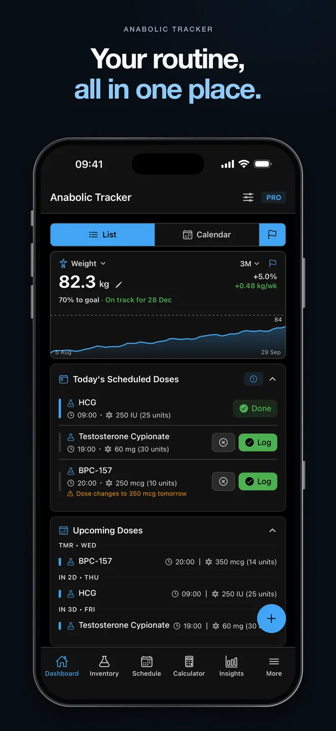 Anabolic Tracker en el iPhone con el panel principal y las dosis programadas
